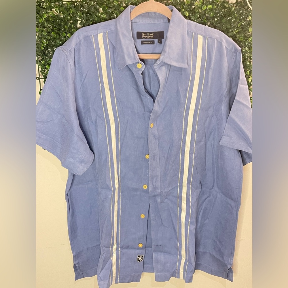 Nat Nast men’s blue ivory stripes short sleeve shirt size L